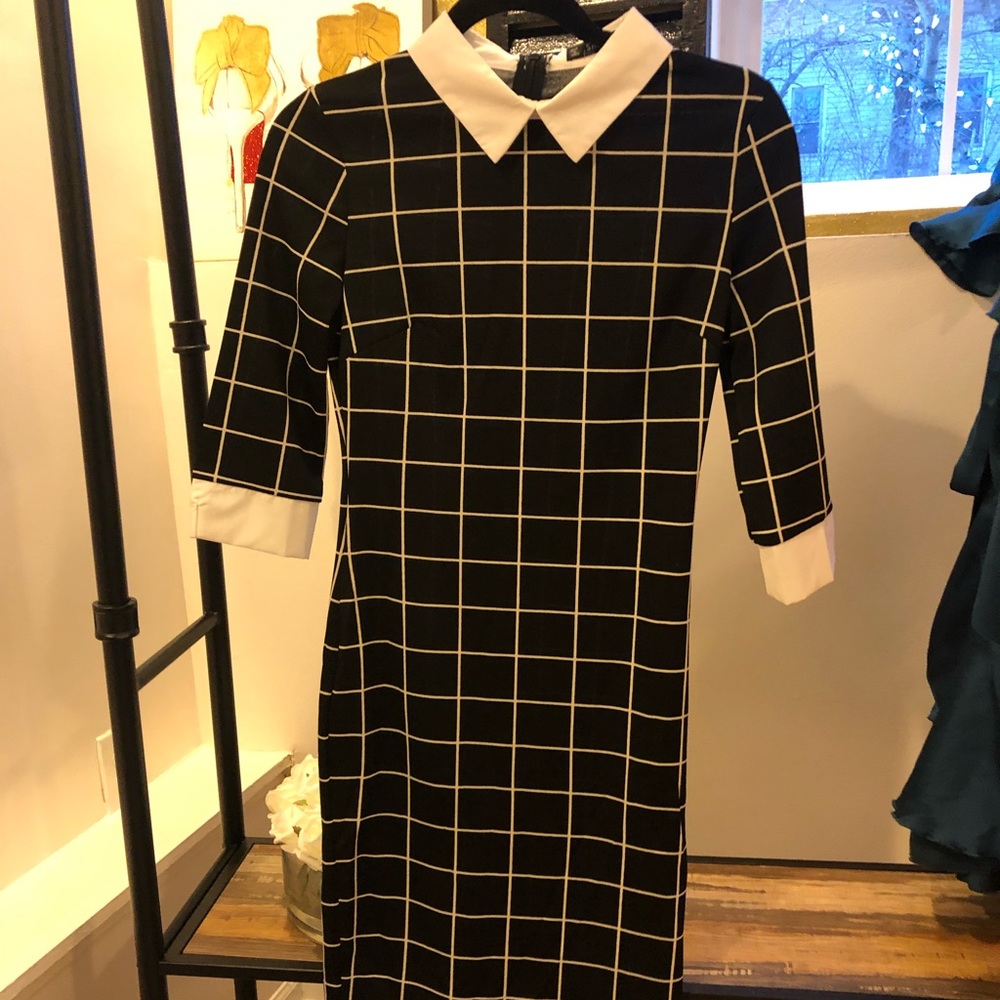 Black Check Plaid Contrast Collar Dress